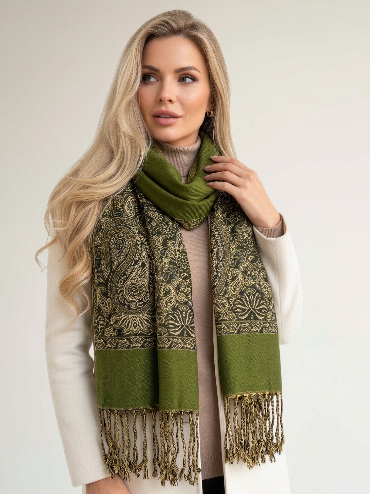 LARGE PLAIN GREEN REVERSIBLE MULTI COLOUR PAISLEY PRINT PASHMINA SHAWL SCARF WRAP - A-SHU.CO.UK