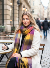 PURPLE YELLOW CHECKED WOOL RAINBOW BLANKET SCARF OVERSIZED WINTER SHAWL WRAP