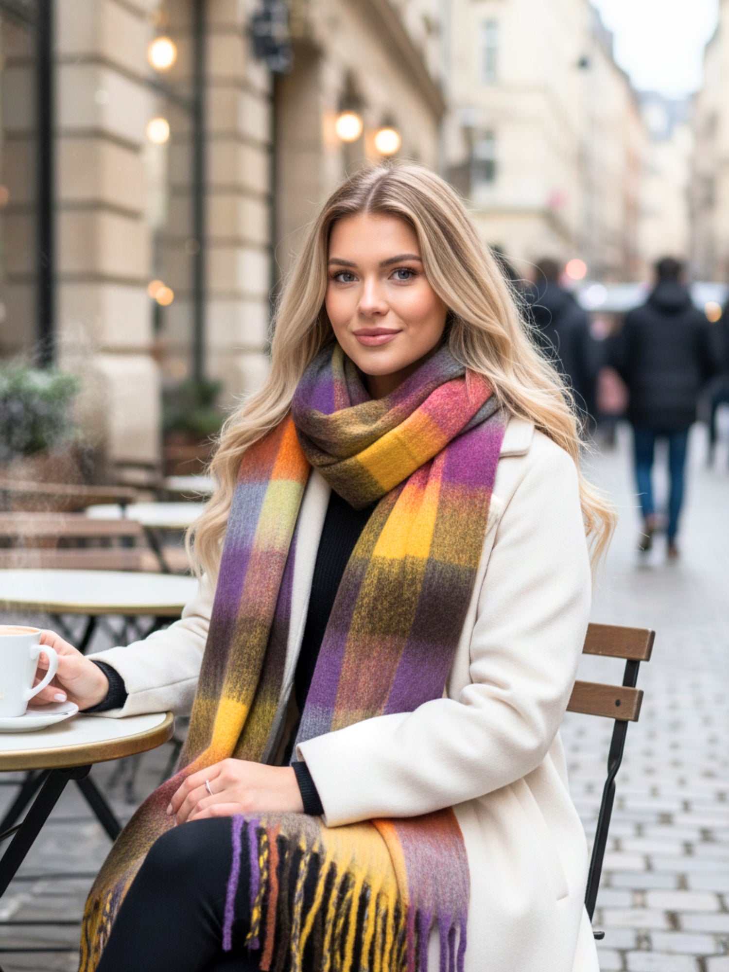 PURPLE YELLOW CHECKED WOOL RAINBOW BLANKET SCARF OVERSIZED WINTER SHAWL WRAP