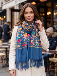 LARGE ROYAL BLUE FLOWER PRINT CASHMERE COTTON BLEND WINTER SHAWL BLANKET SCARF