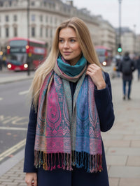 LARGE TEAL RAINBOW MULTI COLOUR PAISLEY PRINT PASHMINA SHAWL SCARF - A-SHU.CO.UK