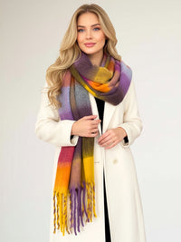 PURPLE YELLOW CHECKED WOOL RAINBOW BLANKET SCARF OVERSIZED WINTER SHAWL WRAP