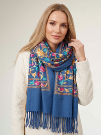 LARGE ROYAL BLUE FLOWER PRINT CASHMERE COTTON BLEND WINTER SHAWL BLANKET SCARF