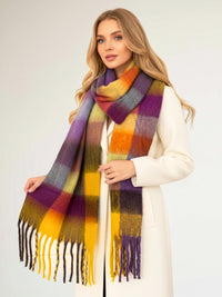 PURPLE YELLOW CHECKED WOOL RAINBOW BLANKET SCARF OVERSIZED WINTER SHAWL WRAP