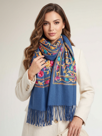 LARGE ROYAL BLUE FLOWER PRINT CASHMERE COTTON BLEND WINTER SHAWL BLANKET SCARF