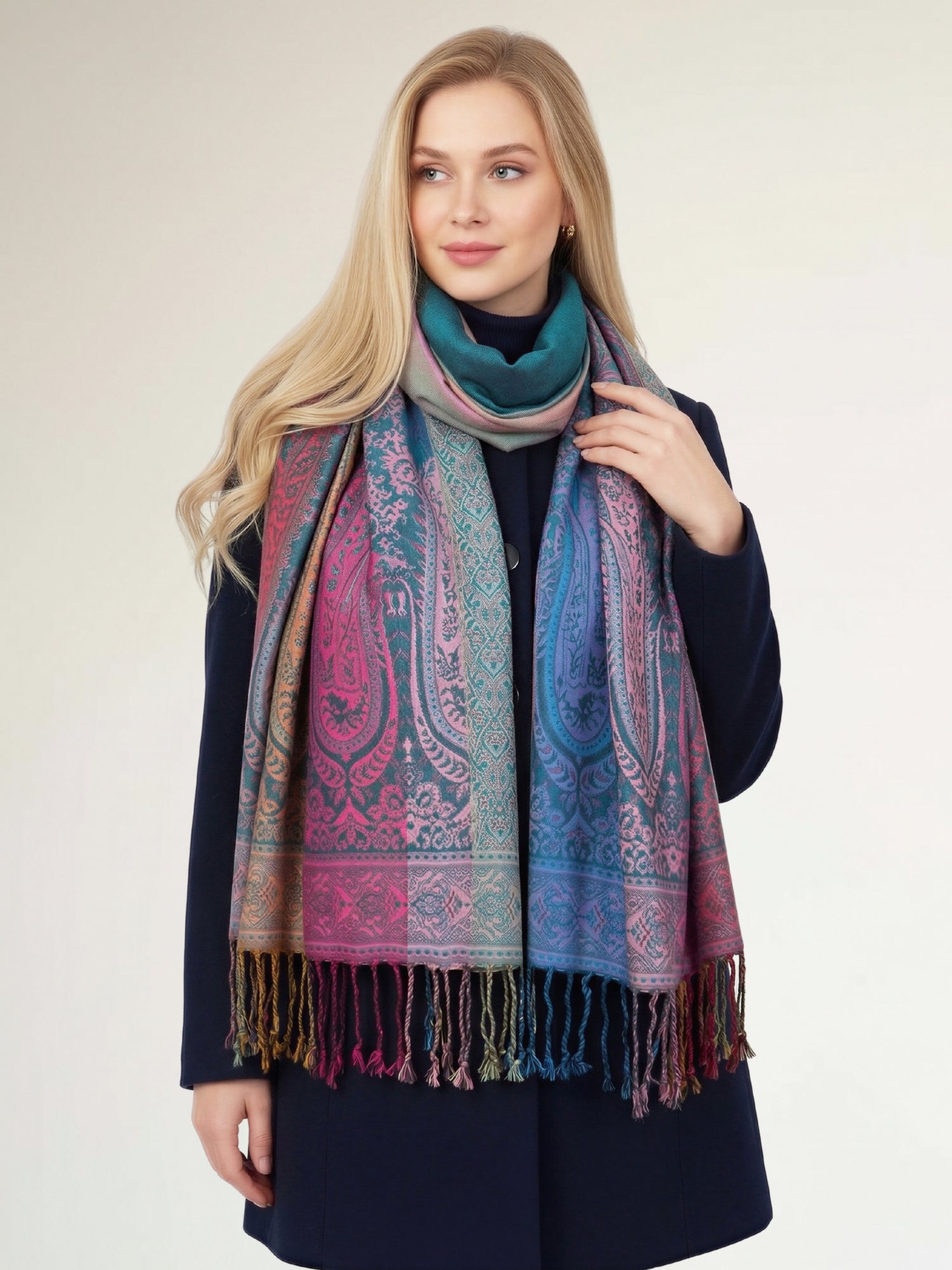 LARGE TEAL RAINBOW MULTI COLOUR PAISLEY PRINT PASHMINA SHAWL SCARF - A-SHU.CO.UK