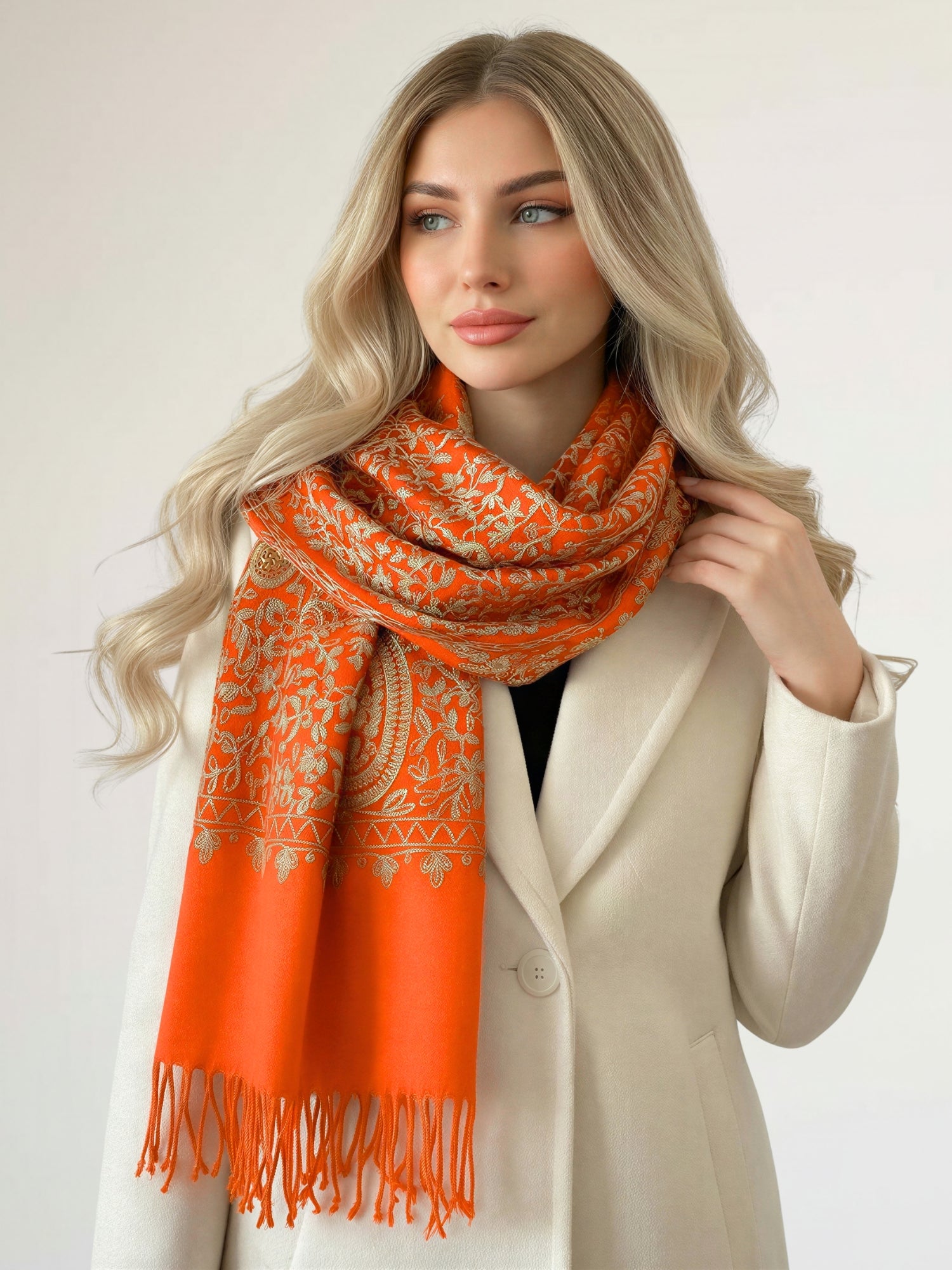 LARGE ORANGE PAISLEY CASHMERE COTTON BLEND WINTER SHAWL BLANKET SCARF