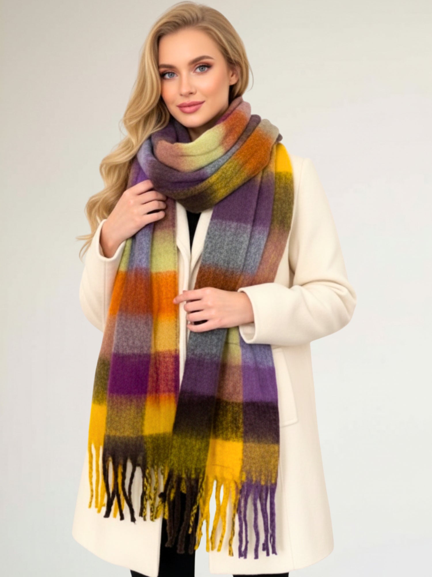 PURPLE YELLOW CHECKED WOOL RAINBOW BLANKET SCARF OVERSIZED WINTER SHAWL WRAP