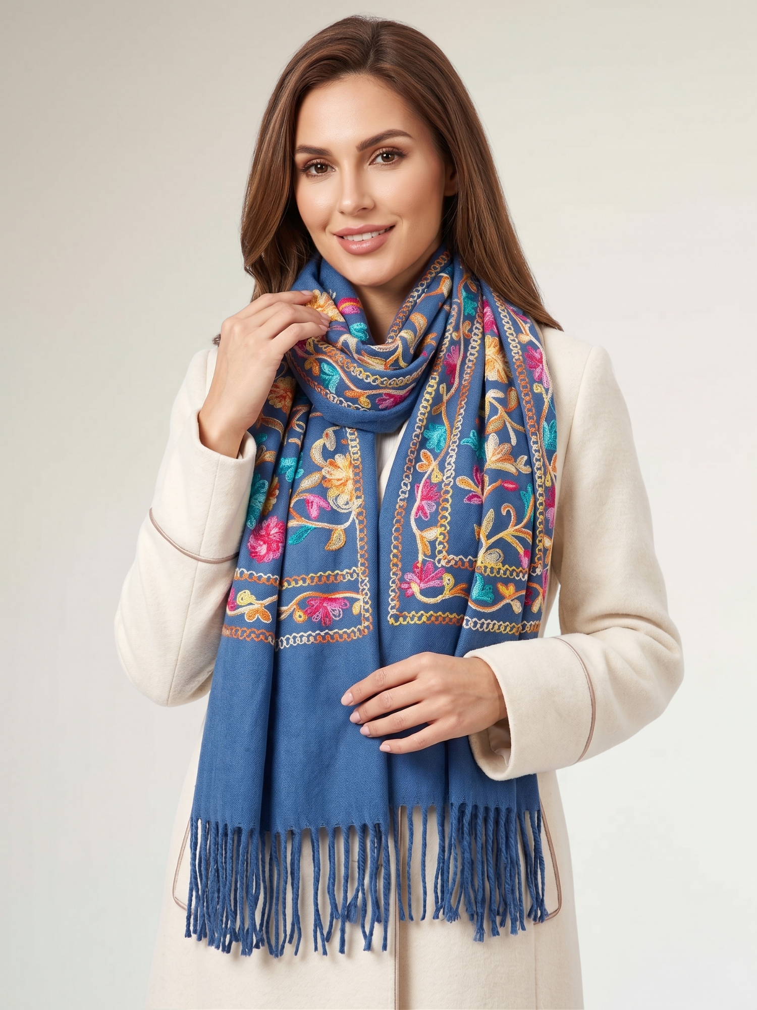 LARGE ROYAL BLUE FLOWER PRINT CASHMERE COTTON BLEND WINTER SHAWL BLANKET SCARF
