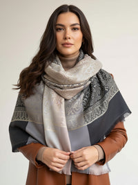 LARGE REVERSIBLE PAISLEY PRINT PASHMINA SHAWL SCARF WRAP - SILVER