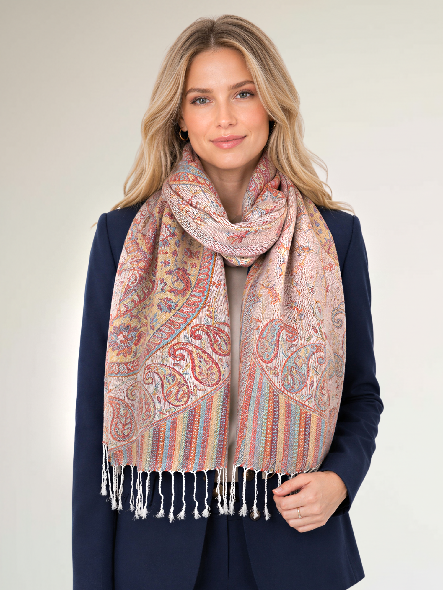 LARGE CREAM MULTI COLOUR PAISLEY PASHMINA SHAWL SCARF WRAP - A-SHU.CO.UK