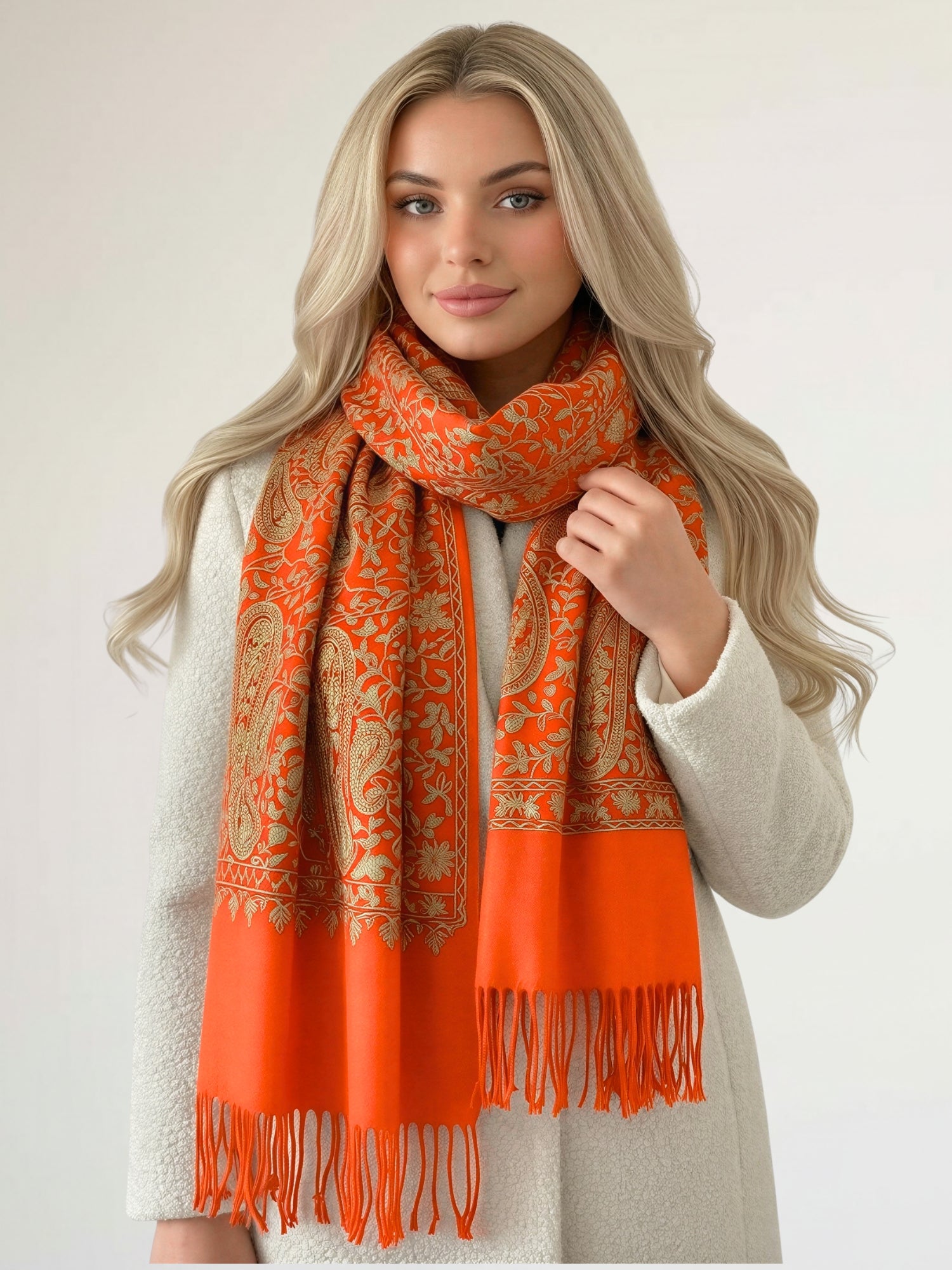 LARGE ORANGE PAISLEY CASHMERE COTTON BLEND WINTER SHAWL BLANKET SCARF