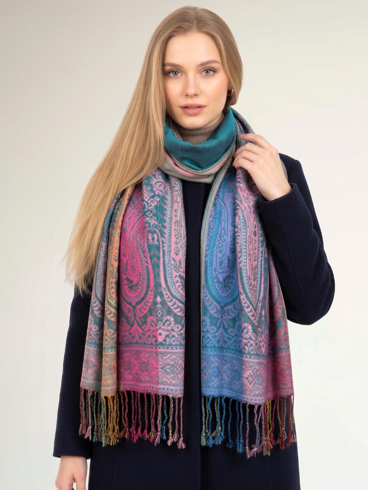 LARGE TEAL RAINBOW MULTI COLOUR PAISLEY PRINT PASHMINA SHAWL SCARF - A-SHU.CO.UK