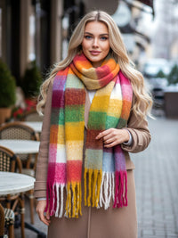 BURGUNDY CHECKED WOOL RAINBOW BLANKET SCARF OVERSIZED WINTER SHAWL WRAP