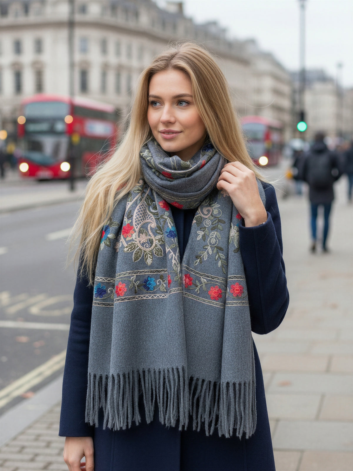 LARGE GREY FLORAL CASHMERE COTTON BLEND WINTER SHAWL BLANKET SCARF