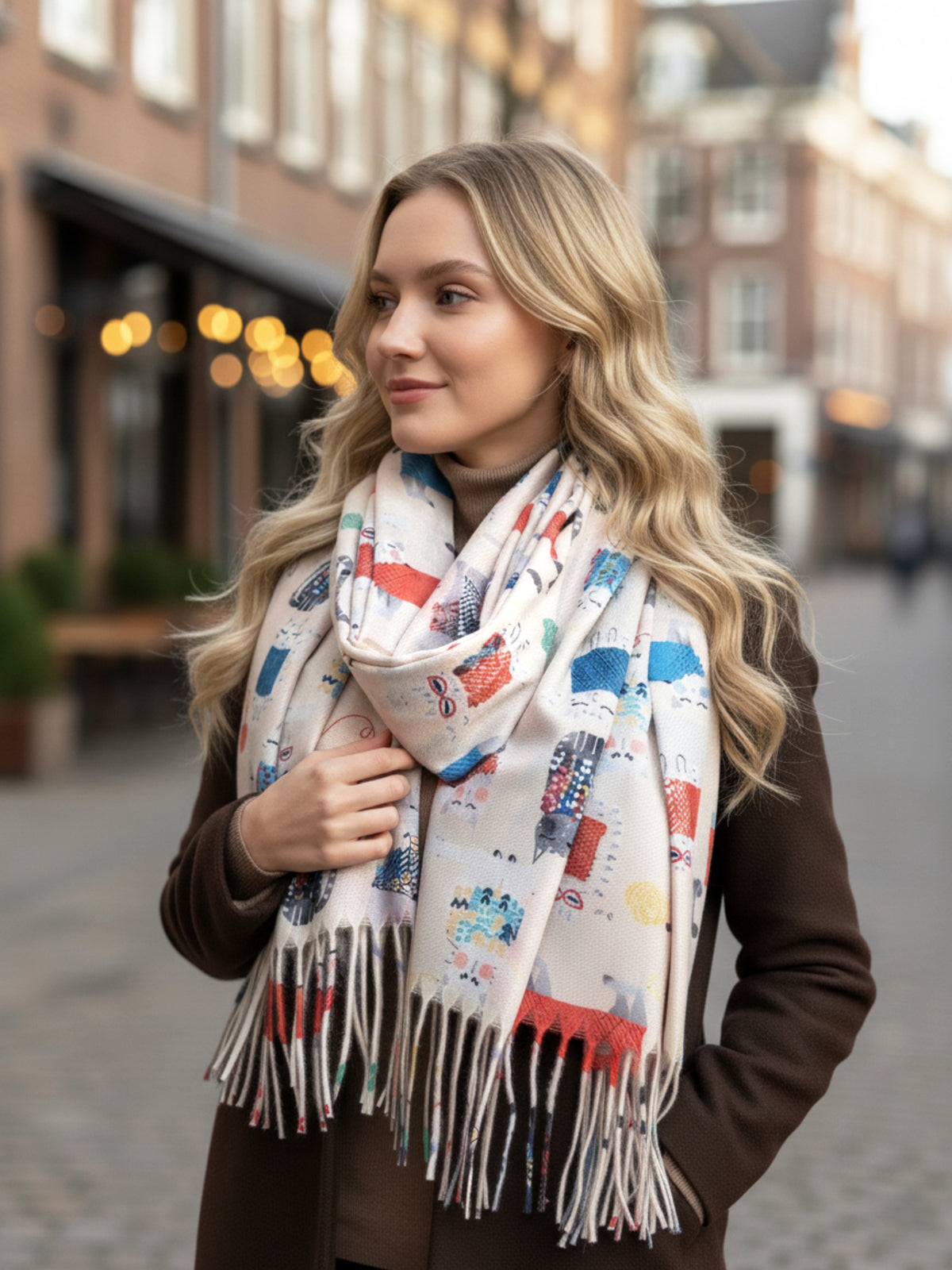 CREAM QUIRKY CAT PRINT LONG LIGHTWEIGHT SCARF