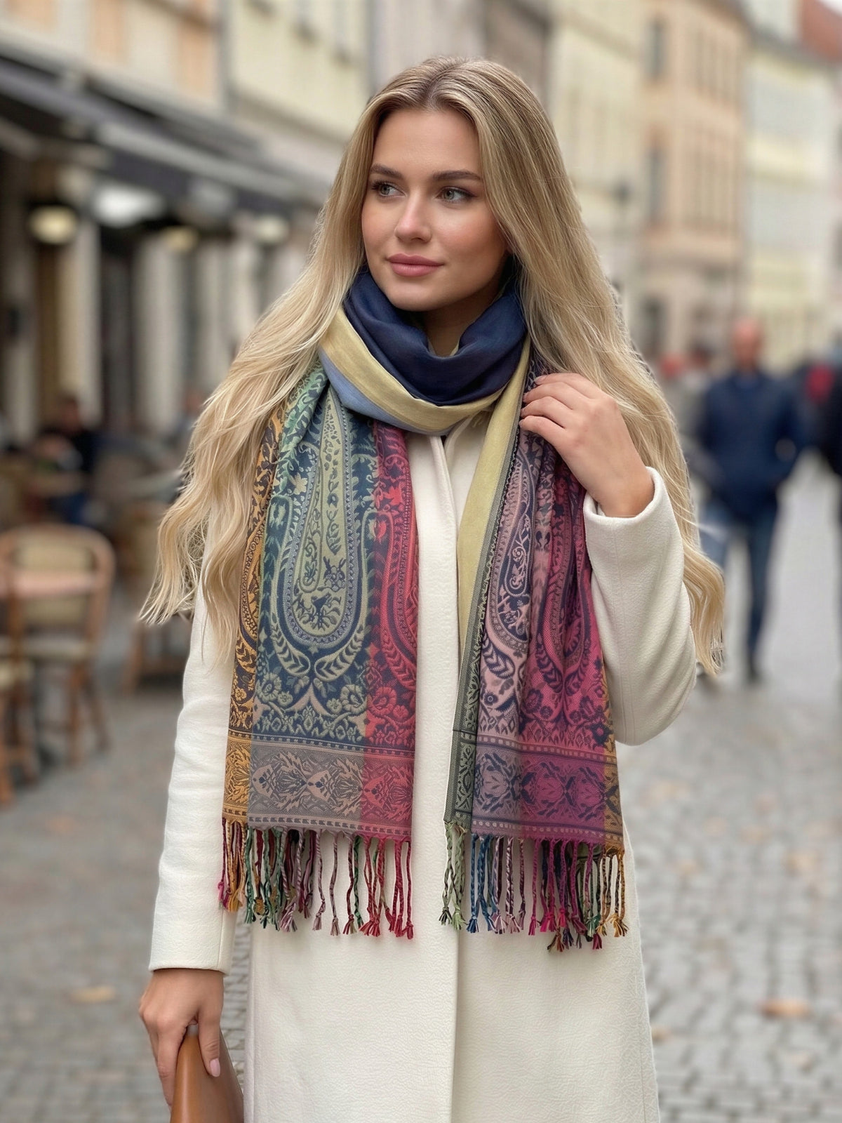LARGE NAVY BLUE RAINBOW MULTI COLOUR PAISLEY PRINT PASHMINA SHAWL SCARF - A-SHU.CO.UK
