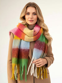 BURGUNDY CHECKED WOOL RAINBOW BLANKET SCARF OVERSIZED WINTER SHAWL WRAP