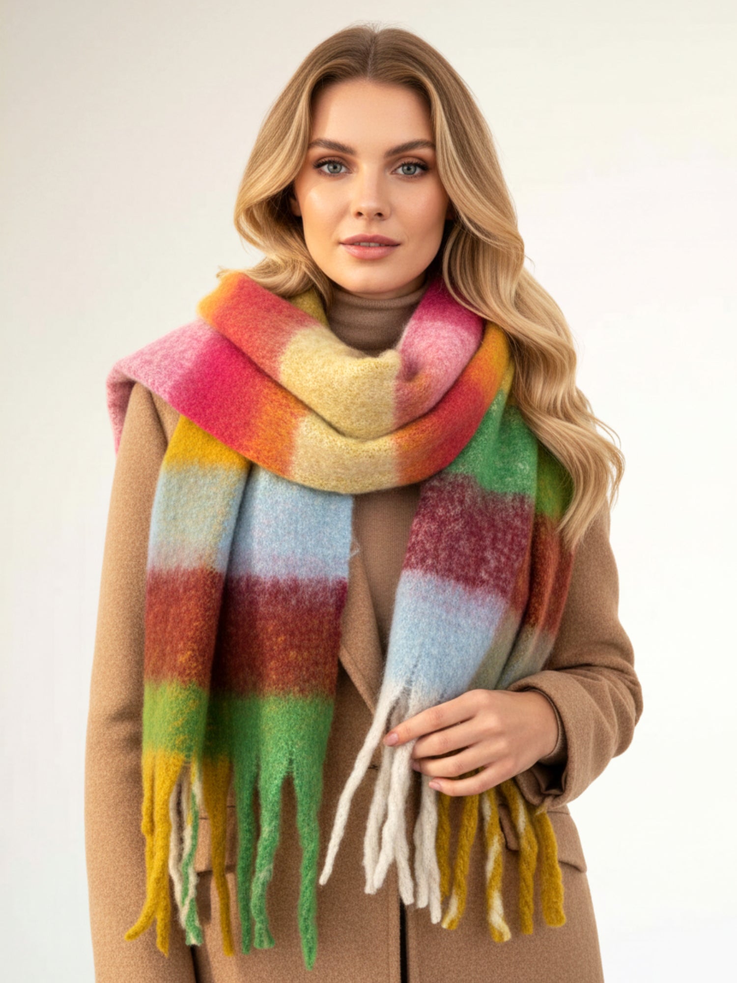 BURGUNDY CHECKED WOOL RAINBOW BLANKET SCARF OVERSIZED WINTER SHAWL WRAP