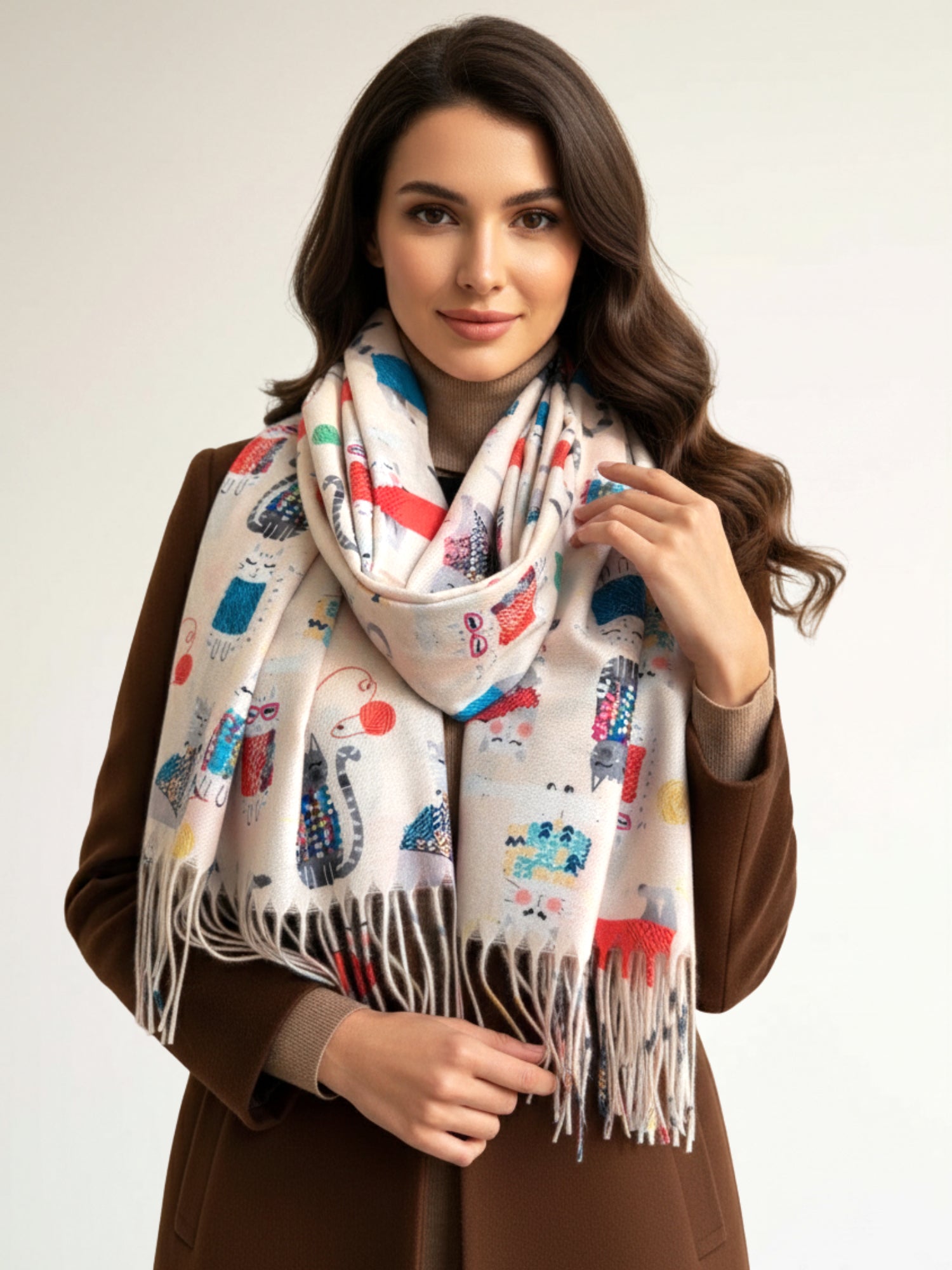 CREAM QUIRKY CAT PRINT LONG LIGHTWEIGHT SCARF