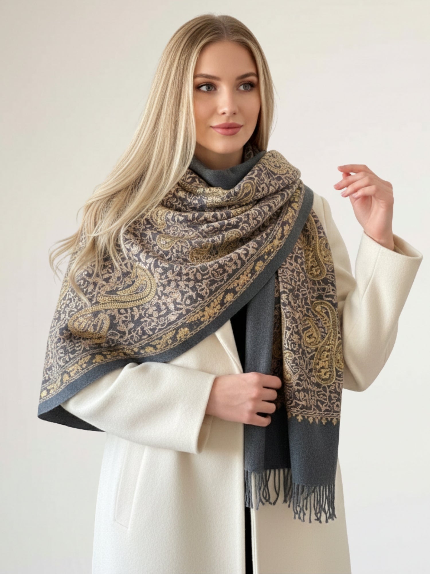 LARGE GREY PAISLEY CASHMERE COTTON BLEND WINTER SHAWL BLANKET SCARF