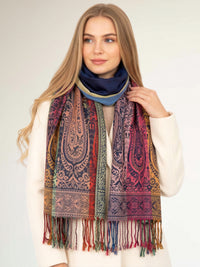 LARGE NAVY BLUE RAINBOW MULTI COLOUR PAISLEY PRINT PASHMINA SHAWL SCARF - A-SHU.CO.UK