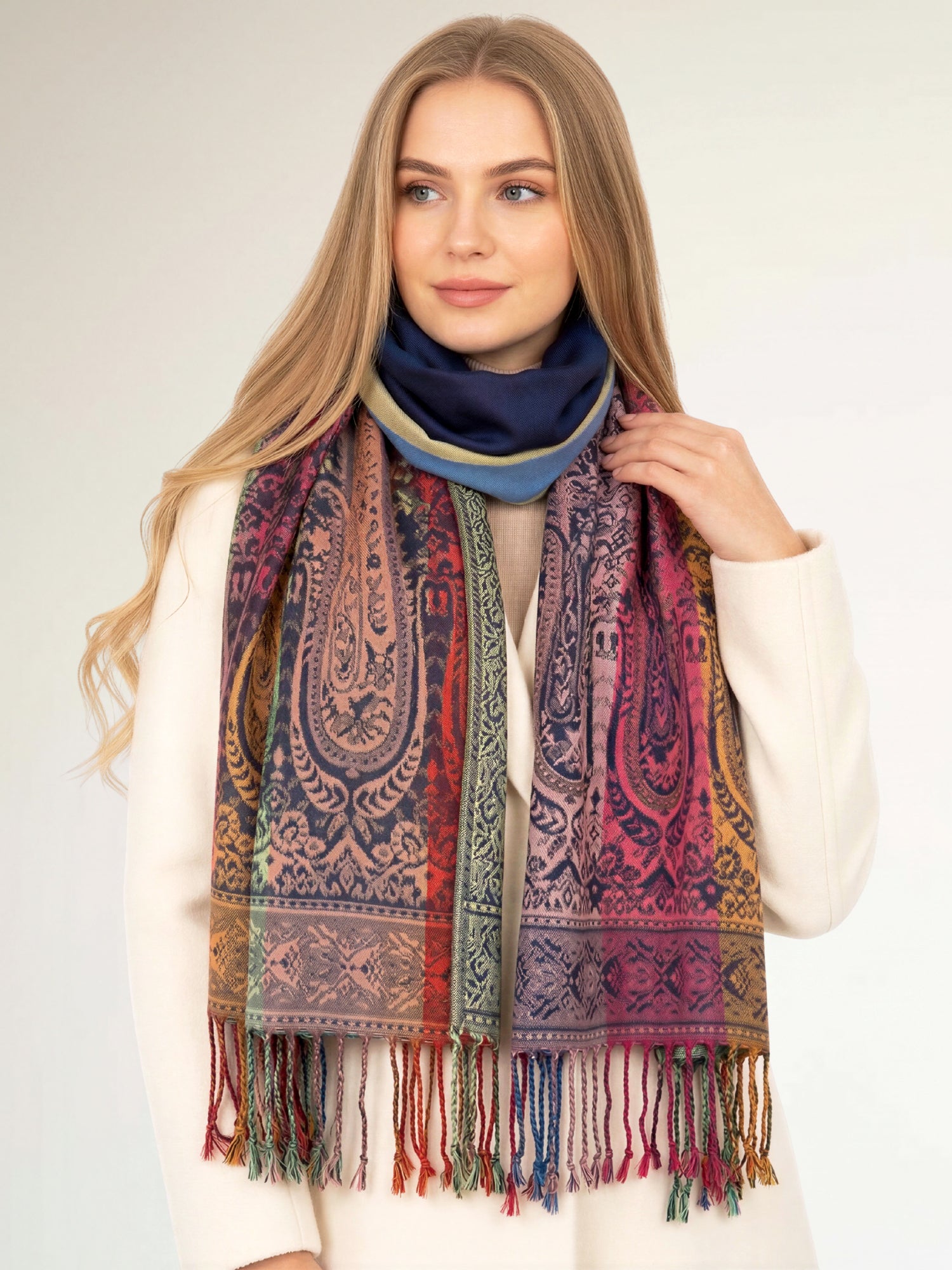LARGE NAVY BLUE RAINBOW MULTI COLOUR PAISLEY PRINT PASHMINA SHAWL SCARF - A-SHU.CO.UK