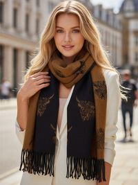 LARGE BLACK TAN HIGHLAND COW CASHMERE REVERSIBLE SHAWL SCARF
