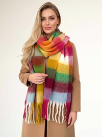 BURGUNDY CHECKED WOOL RAINBOW BLANKET SCARF OVERSIZED WINTER SHAWL WRAP