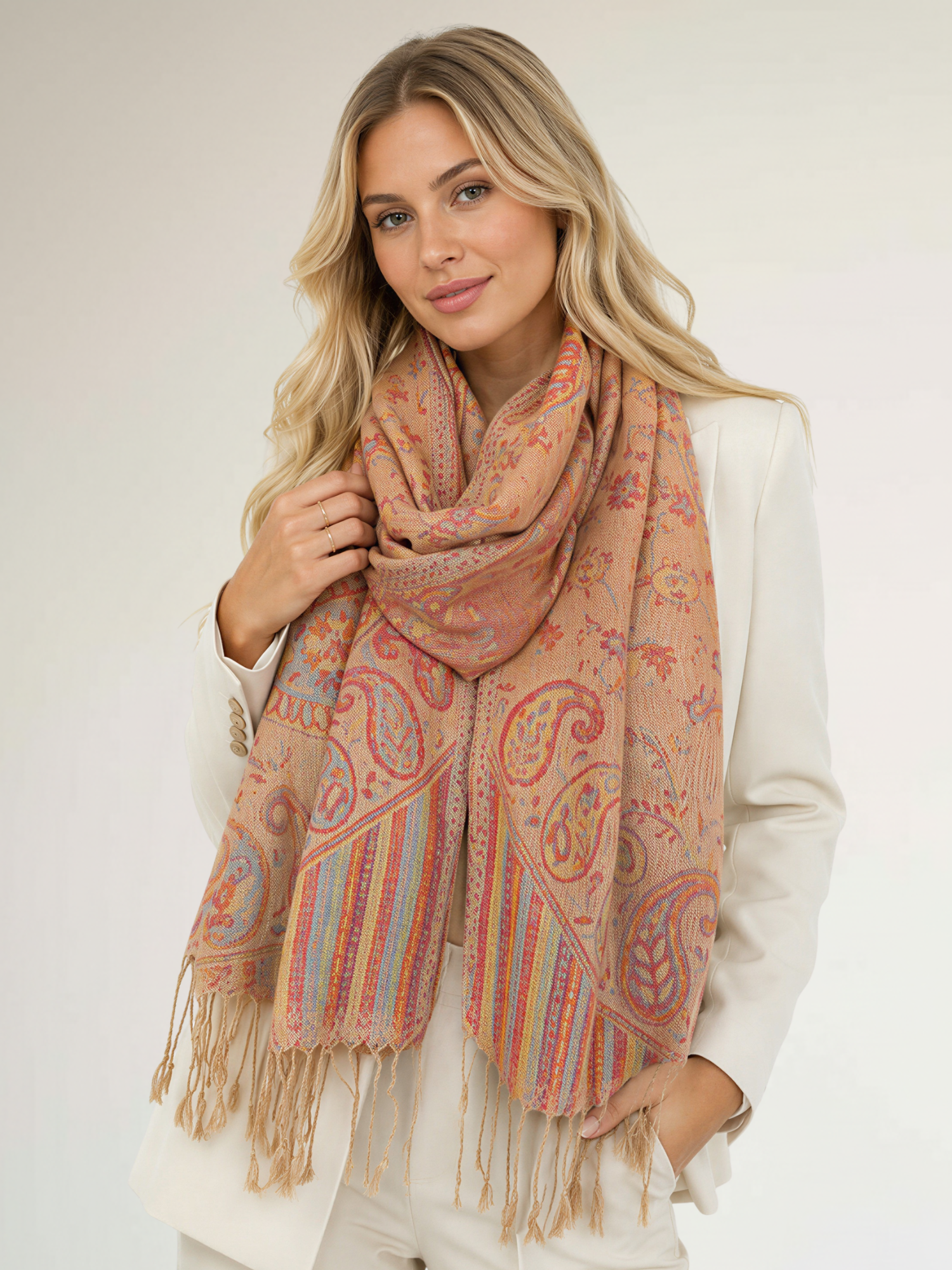 LARGE BEIGE MULTI COLOUR PAISLEY PASHMINA SHAWL SCARF WRAP - A-SHU.CO.UK