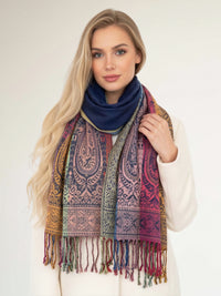 LARGE NAVY BLUE RAINBOW MULTI COLOUR PAISLEY PRINT PASHMINA SHAWL SCARF - A-SHU.CO.UK