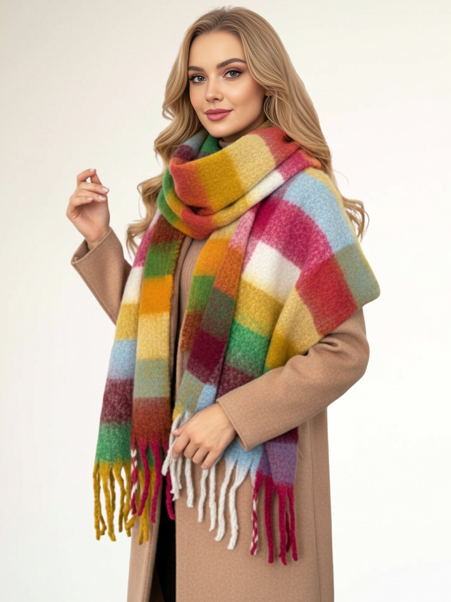 BURGUNDY CHECKED WOOL RAINBOW BLANKET SCARF OVERSIZED WINTER SHAWL WRAP