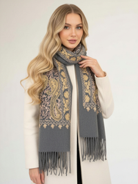 LARGE GREY PAISLEY CASHMERE COTTON BLEND WINTER SHAWL BLANKET SCARF