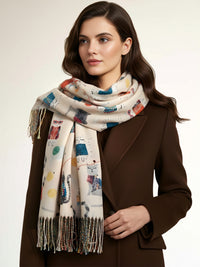 CREAM QUIRKY CAT PRINT LONG LIGHTWEIGHT SCARF