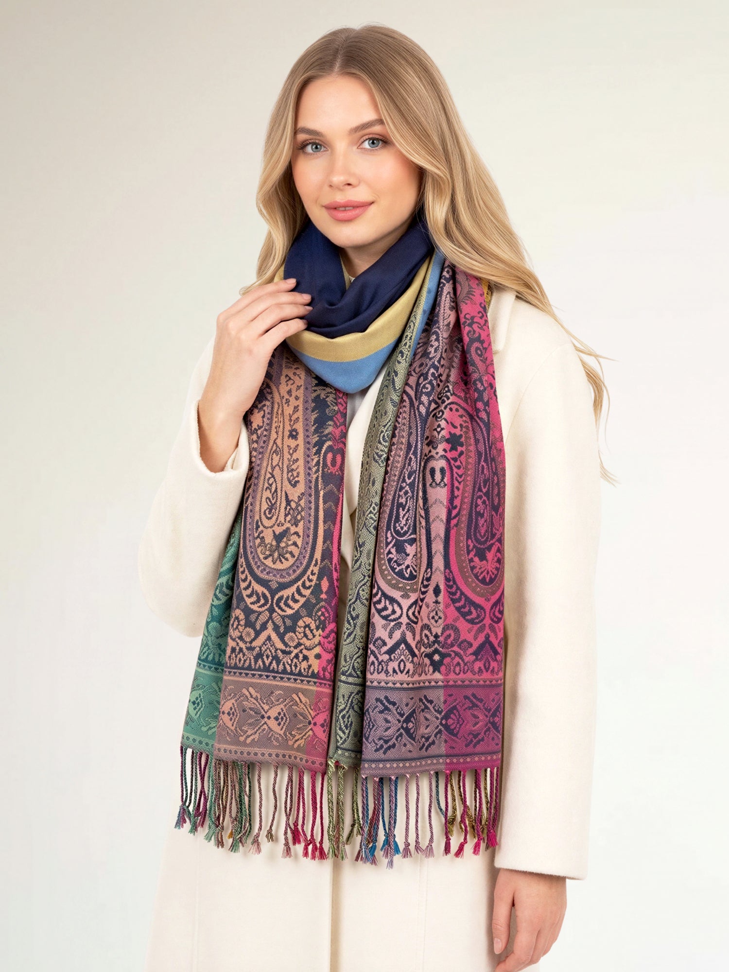 LARGE NAVY BLUE RAINBOW MULTI COLOUR PAISLEY PRINT PASHMINA SHAWL SCARF - A-SHU.CO.UK