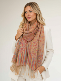 LARGE BEIGE MULTI COLOUR PAISLEY PASHMINA SHAWL SCARF WRAP - A-SHU.CO.UK