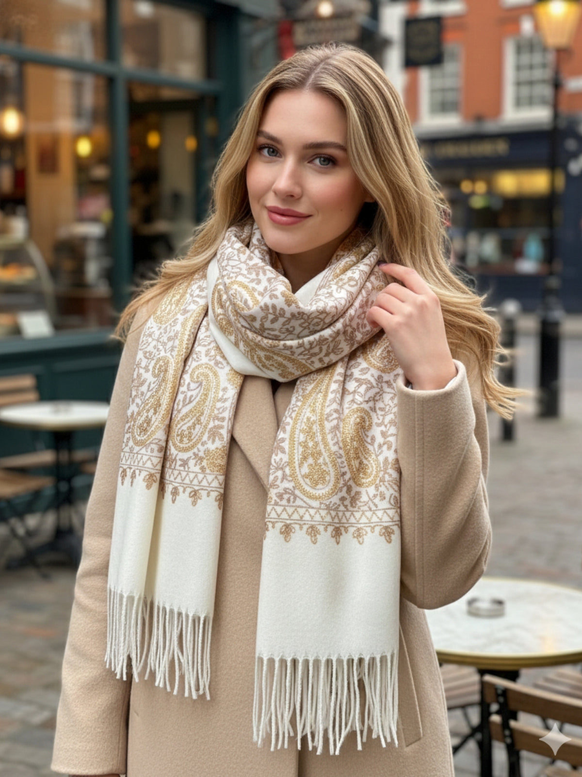 LARGE CREAM PAISLEY CASHMERE COTTON BLEND WINTER SHAWL BLANKET SCARF