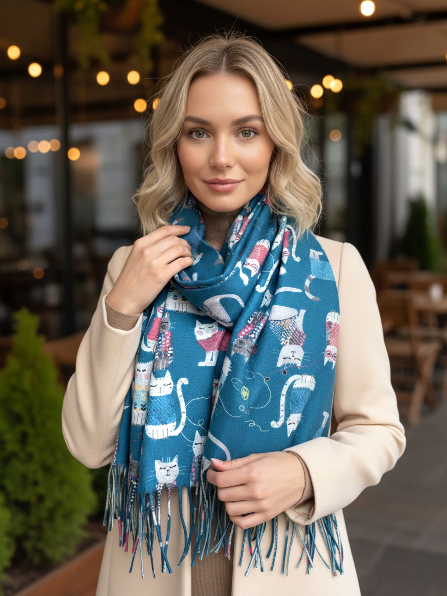 TEAL QUIRKY CAT PRINT LONG LIGHTWEIGHT SCARF