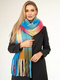 FUCHSIA BLUE CHECKED WOOL RAINBOW BLANKET SCARF OVERSIZED WINTER SHAWL WRAP