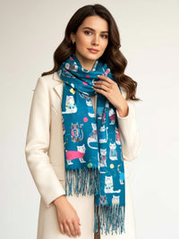TEAL QUIRKY CAT PRINT LONG LIGHTWEIGHT SCARF