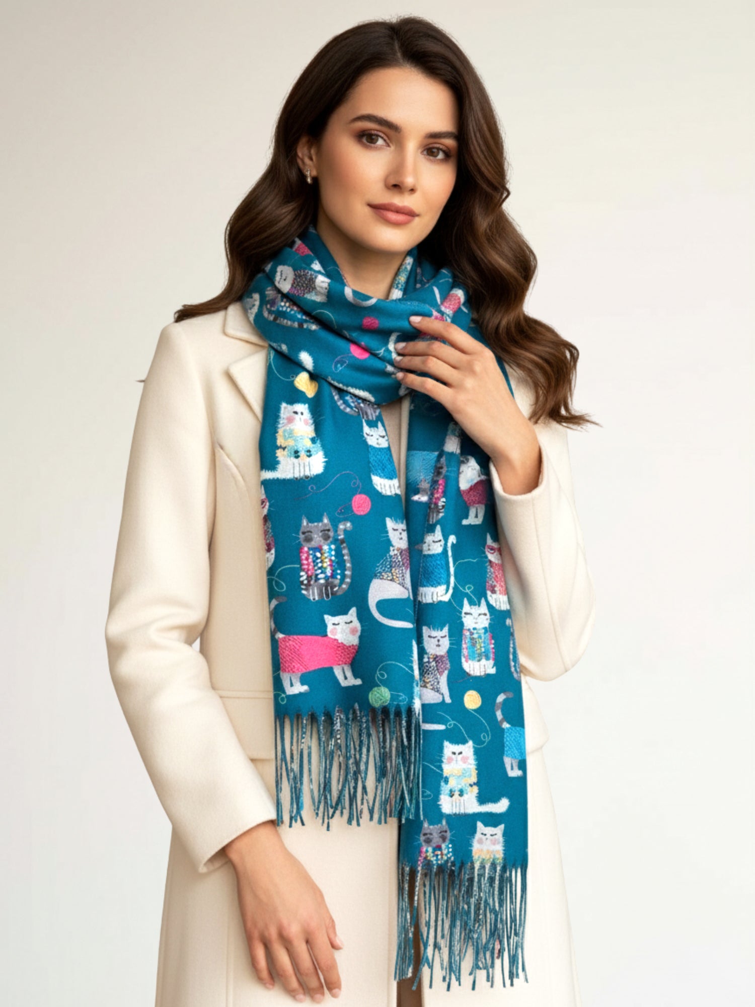TEAL QUIRKY CAT PRINT LONG LIGHTWEIGHT SCARF