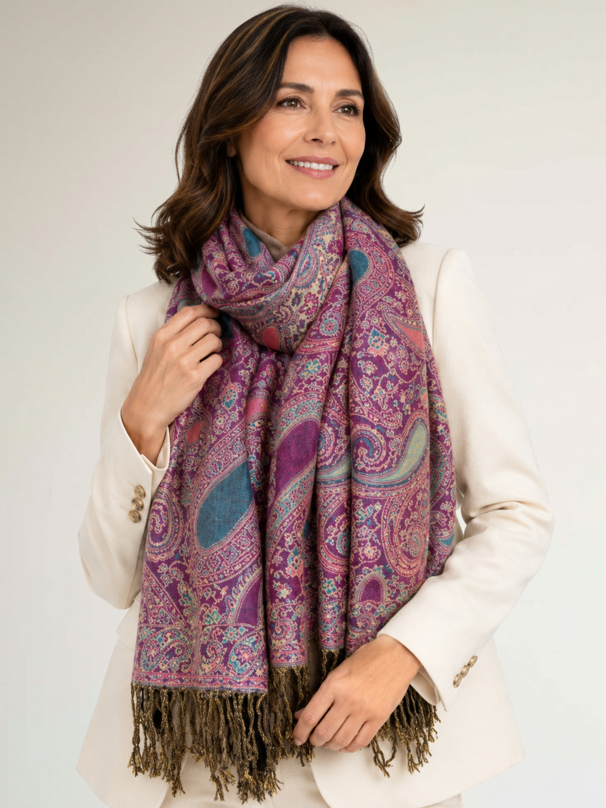 LARGE FUSCHIA PINK MULTI COLOUR PAISLEY PRINT PASHMINA SHAWL SCARF - A-SHU.CO.UK
