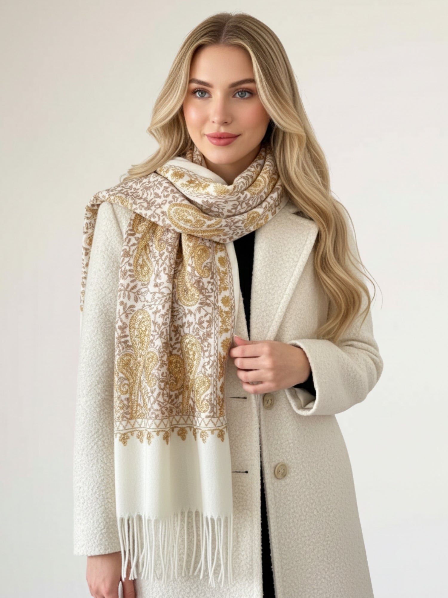 LARGE CREAM PAISLEY CASHMERE COTTON BLEND WINTER SHAWL BLANKET SCARF