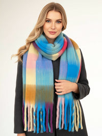 FUCHSIA BLUE CHECKED WOOL RAINBOW BLANKET SCARF OVERSIZED WINTER SHAWL WRAP