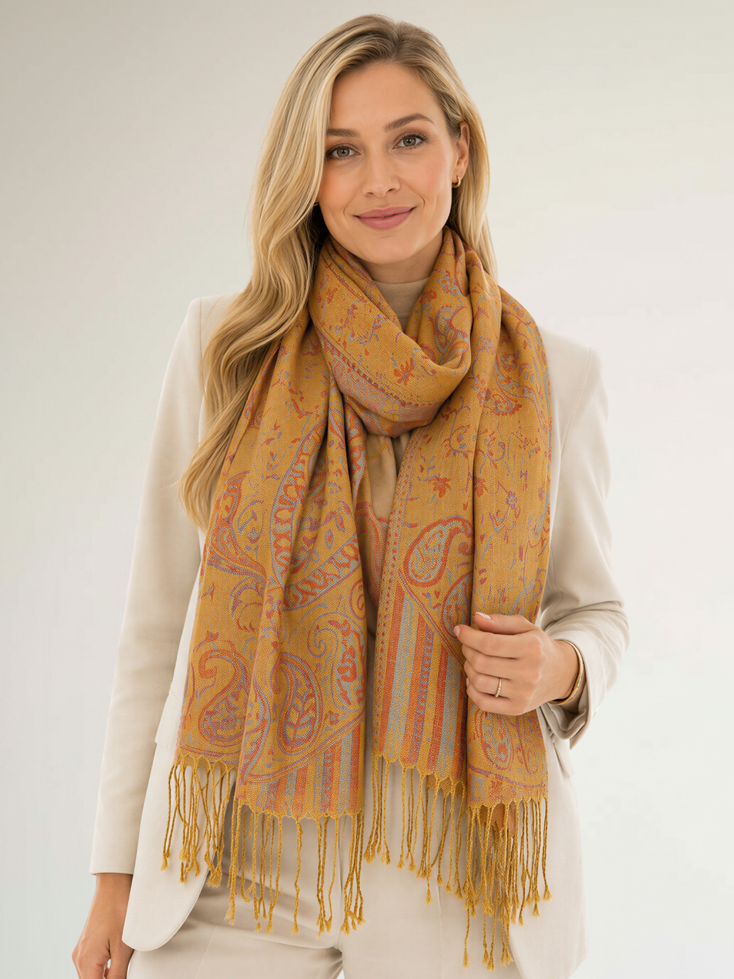 LARGE YELLOW MULTI COLOUR PAISLEY PASHMINA SHAWL SCARF WRAP - A-SHU.CO.UK