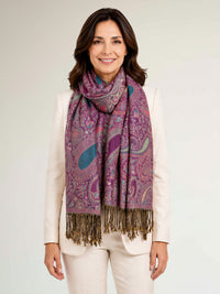 LARGE FUSCHIA PINK MULTI COLOUR PAISLEY PRINT PASHMINA SHAWL SCARF - A-SHU.CO.UK