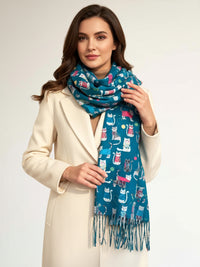 TEAL QUIRKY CAT PRINT LONG LIGHTWEIGHT SCARF