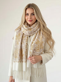 LARGE CREAM PAISLEY CASHMERE COTTON BLEND WINTER SHAWL BLANKET SCARF