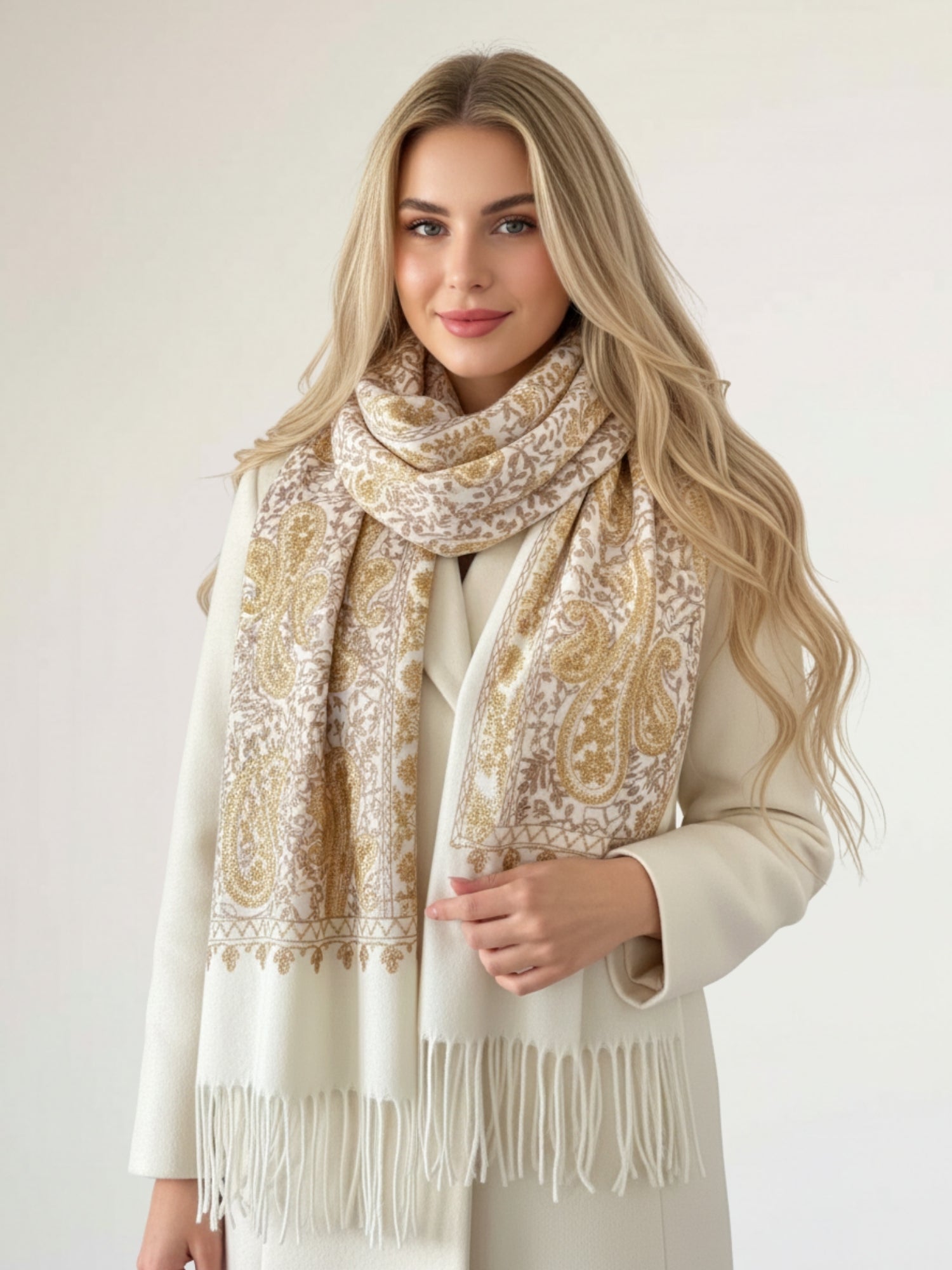 LARGE CREAM PAISLEY CASHMERE COTTON BLEND WINTER SHAWL BLANKET SCARF