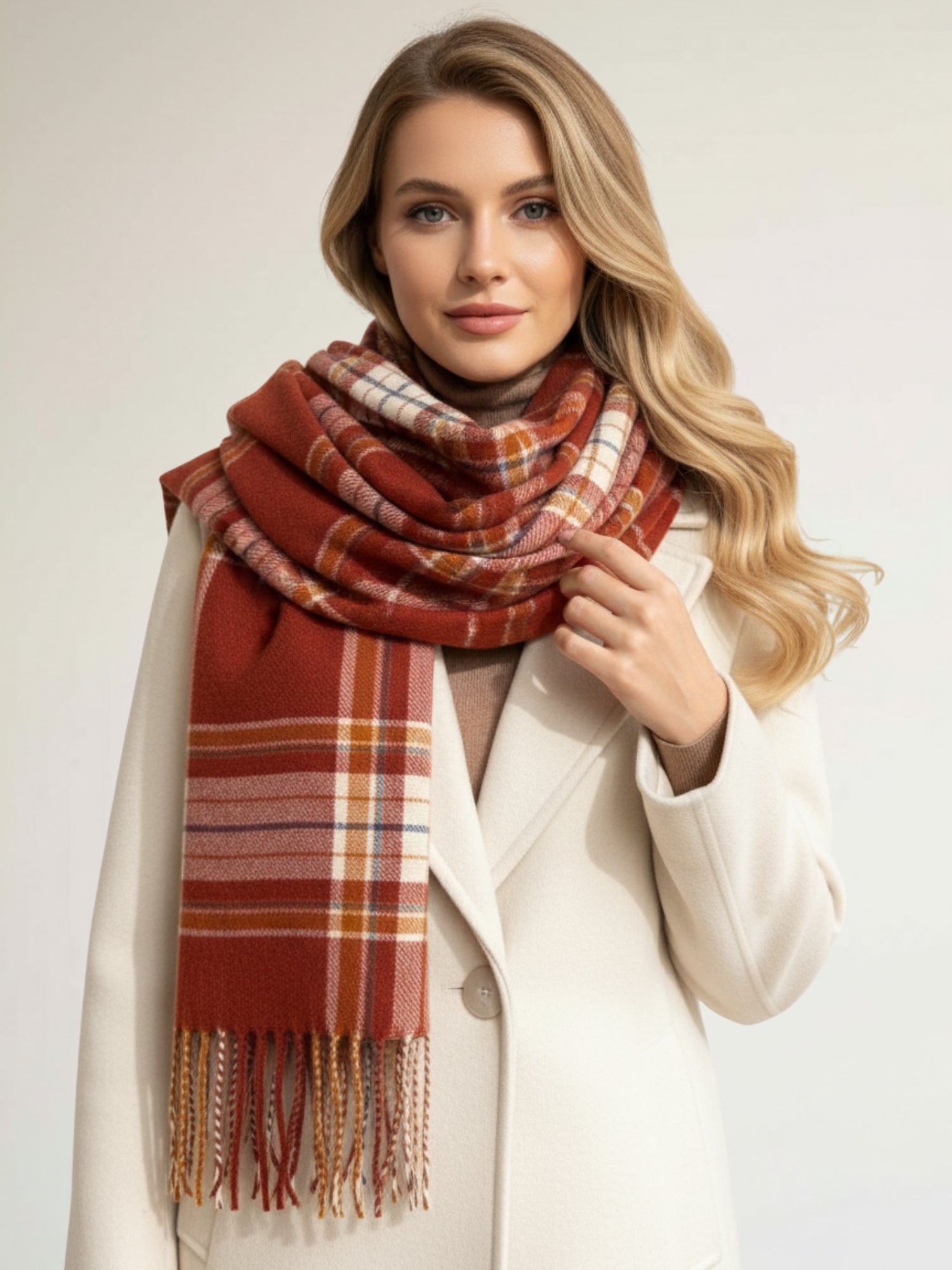 LONG RUST CASHMERE BLEND CHECKED TARTAN SCARF